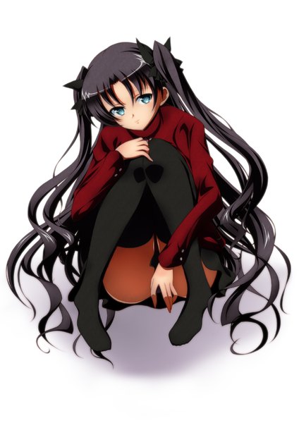 Anime picture 1280x1810 with fate (series) fate/stay night type-moon toosaka rin ka2 (artist) single tall image looking at viewer blue eyes light erotic black hair twintails very long hair girl thighhighs bow black thighhighs hair bow