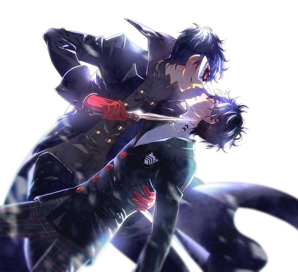 Anime picture 1376x1259 with persona 5 persona amamiya ren mina (abco414) short hair simple background white background yellow eyes blue hair profile black eyes sunlight multiple boys leaning leaning forward hug shaded face face to face dual persona boy