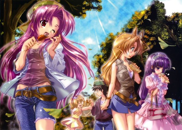 Anime picture 8504x6088 with maburaho j.c. staff miyama yuuna kamishiro rin kazetsubaki kuriko kurioka maiho komatsu eiji long hair blush highres short hair open mouth blonde hair red eyes purple eyes multiple girls pink hair absurdres purple hair eyes closed