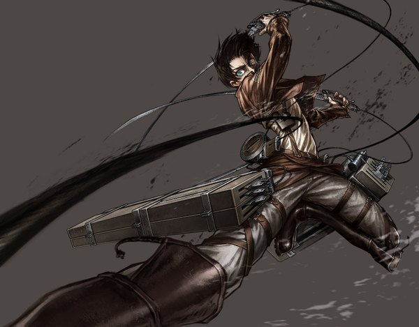 Anime picture 1600x1253 with shingeki no kyojin production i.g eren yaeger lain (rinlain) single short hair simple background brown hair holding green eyes dual wielding boy weapon sword jacket boots belt thigh strap pants knee boots