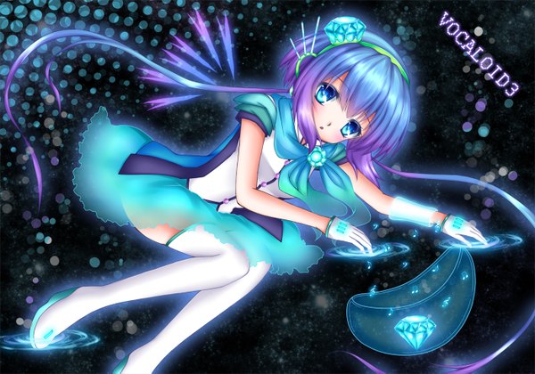 Anime picture 1400x981 with vocaloid aoki lapis shitou single blue eyes blue hair multicolored hair loli glowing girl thighhighs gloves white thighhighs thigh boots crystal neckerchief