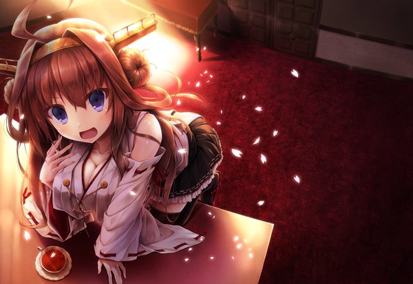 Anime picture 1200x826 with kantai collection kongou battleship suien single long hair looking at viewer blush open mouth blue eyes brown hair ahoge traditional clothes nontraditional miko girl thighhighs hair ornament black thighhighs detached sleeves petals cup