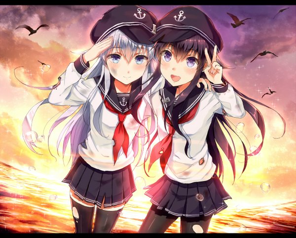 Anime picture 1266x1020 with kantai collection hibiki destroyer akatsuki destroyer sakamuke long hair looking at viewer blush open mouth blue eyes black hair purple eyes multiple girls sky silver hair cloud (clouds) torn clothes victory letterboxed torn pantyhose salute