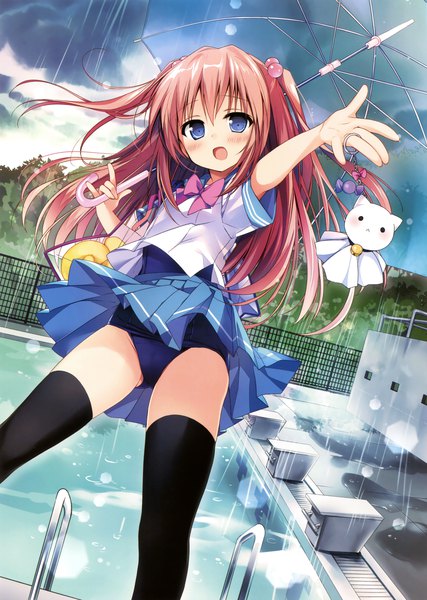 Anime picture 2489x3500 with original nagayama yuunon single long hair tall image looking at viewer blush highres open mouth blue eyes light erotic pink hair scan official art rain girl thighhighs skirt uniform black thighhighs