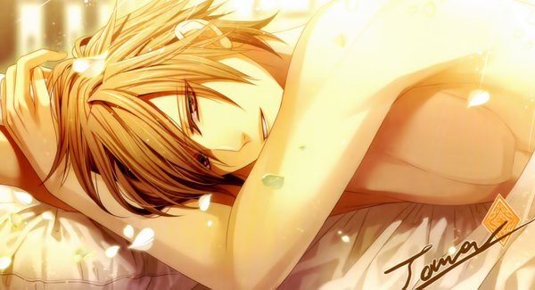 Anime picture 1900x1031 with amnesia idea factory toma (amnesia) hanamura mai single looking at viewer fringe highres short hair open mouth blonde hair smile wide image lying scan inscription official art orange eyes boy petals