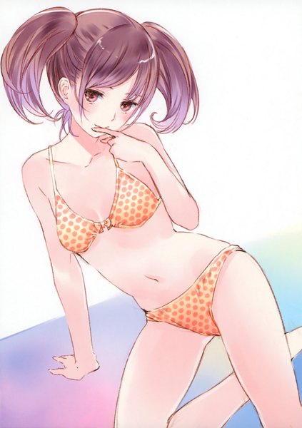 Anime picture 1233x1750 with original kishida mel single tall image short hair light erotic red eyes brown hair twintails finger to mouth girl navel swimsuit bikini polka dot bikini