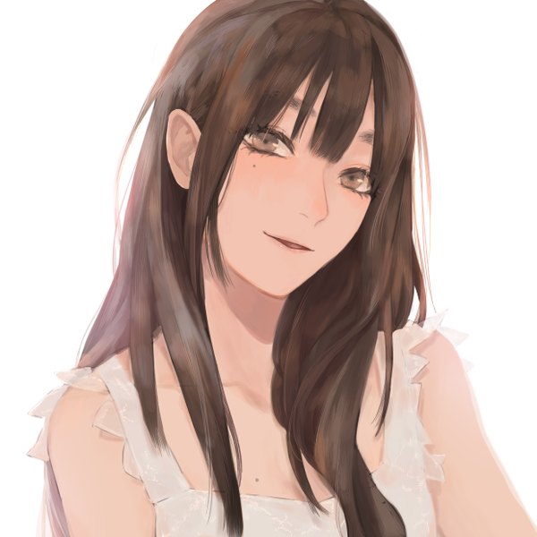 Anime picture 2480x2480 with overwatch blizzard entertainment d.va (overwatch) keikoku (kujira) single long hair looking at viewer fringe highres simple background brown hair white background brown eyes parted lips light smile mole mole under eye eyebrows girl