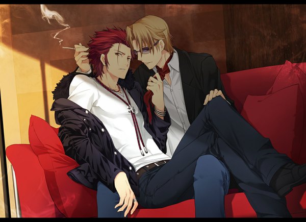 Anime picture 1060x770 with k-project gohands (studio) mikoto suoh kusanagi izumo yun (neo) blonde hair red eyes sitting red hair open clothes open jacket letterboxed smoke shounen ai sitting on person boy necktie jacket bracelet belt