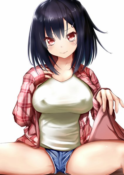 Anime picture 777x1100 with original kiriyama single long hair tall image looking at viewer blush breasts light erotic simple background smile red eyes large breasts white background sitting spread legs erect nipples covered nipples shirt lift girl