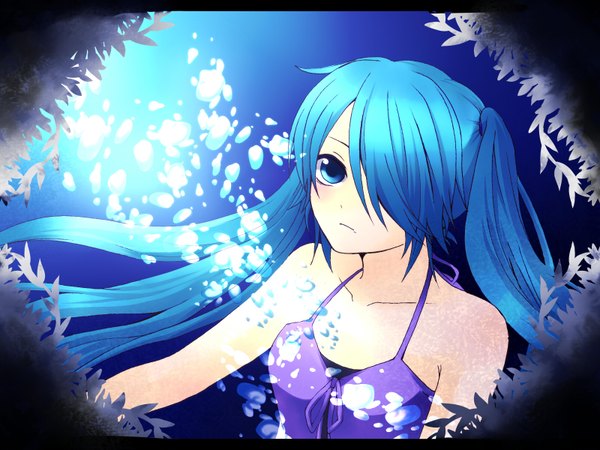 Anime picture 1600x1200 with vocaloid hatsune miku kanna (chaos966) single long hair fringe blue eyes twintails blue hair hair over one eye girl bubble (bubbles)