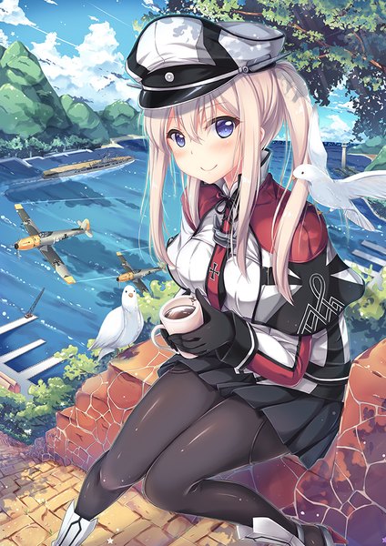 Anime picture 707x1000 with kantai collection graf zeppelin (kantai collection) shirakawako single long hair tall image looking at viewer blush blue eyes blonde hair twintails girl gloves animal pantyhose black gloves bird (birds) peaked cap pigeon