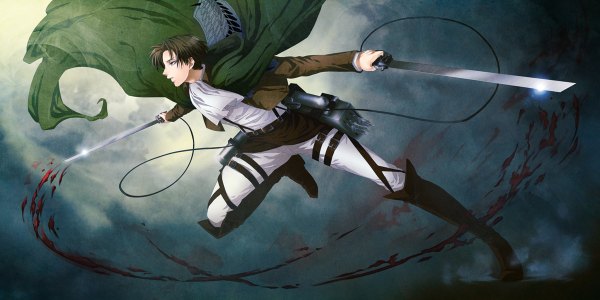 Anime picture 1200x600 with shingeki no kyojin production i.g levi (rivaille) inukoro (spa) single short hair blue eyes black hair wide image holding profile dual wielding boy weapon sword jacket boots blood cape