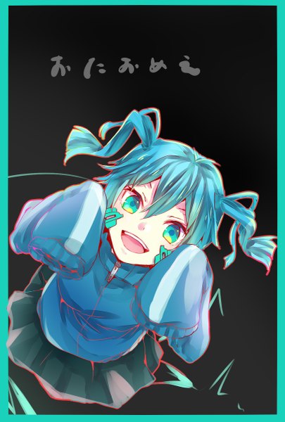 Anime picture 811x1200 with kagerou project shaft (studio) ene (kagerou project) tomozero single tall image looking at viewer fringe short hair open mouth simple background hair between eyes long sleeves aqua eyes from above aqua hair two side up text black background framed