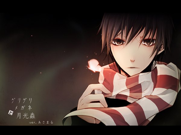Anime picture 1600x1200 with nico nico singer asamaru (pointfive) nyaroro (artist) single short hair brown hair brown eyes inscription night hieroglyph boy scarf insect butterfly