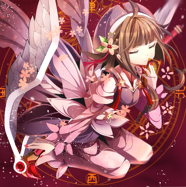 Anime picture 1889x1899 with card captor sakura clamp kinomoto sakura fumiko (miruyuana) single long hair tall image highres brown hair ahoge eyes closed nail polish red nail polish girl dress flower (flowers) hat wings card (cards) fuuin no tsue