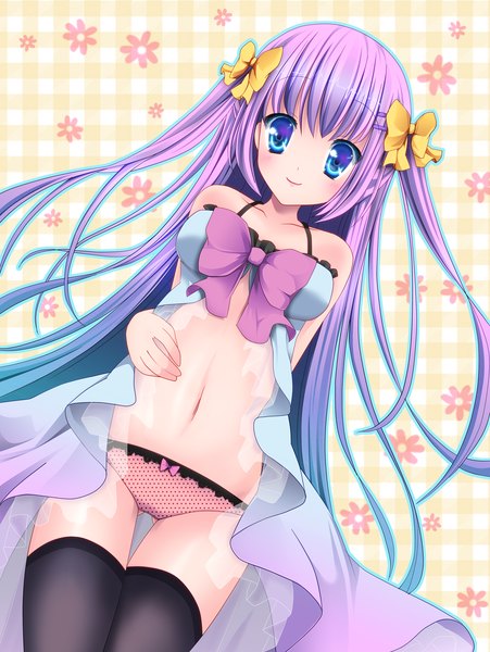 Anime picture 1204x1600 with fule single long hair tall image blue eyes light erotic smile purple hair two side up girl thighhighs underwear panties bow black thighhighs