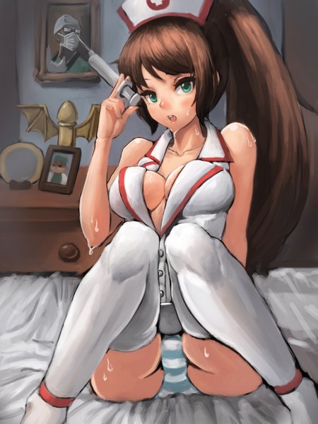 Anime picture 1000x1333 with league of legends akali (league of legends) shen (league of legends) kennen (league of legends) zonekiller10 single long hair tall image looking at viewer fringe breasts open mouth light erotic brown hair green eyes cleavage ponytail sweat pantyshot sitting nurse