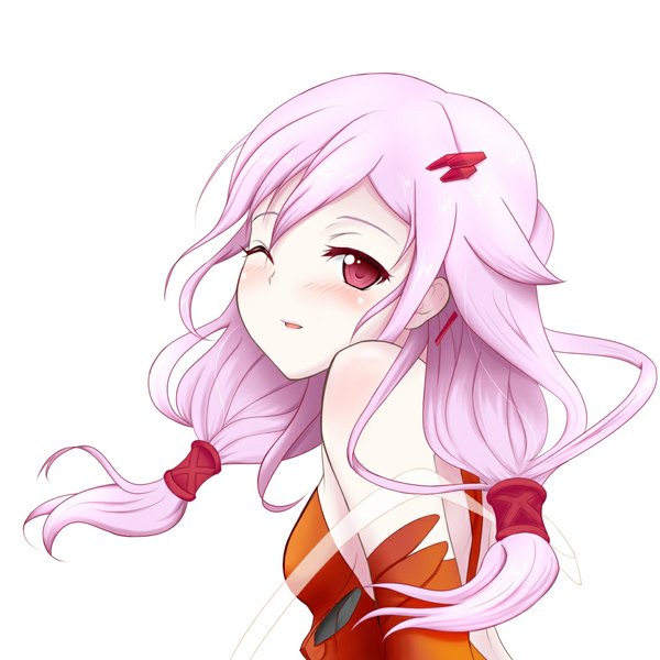 Anime picture 1065x1065 with guilty crown production i.g yuzuriha inori single long hair simple background red eyes white background bare shoulders pink hair one eye closed wink girl bodysuit