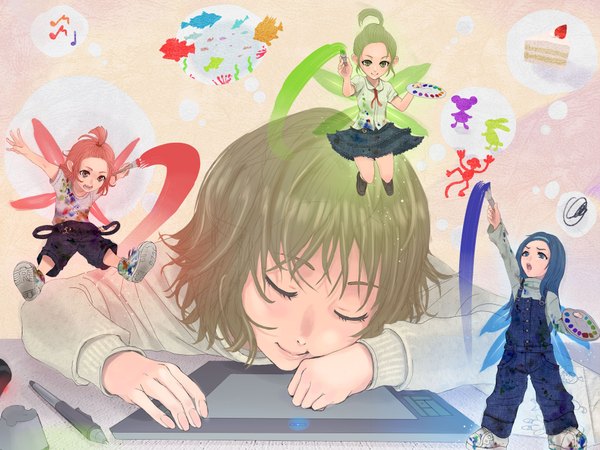 Anime picture 1866x1400 with original wacom honoji highres brown hair blue hair red hair eyes closed green hair sleeping chibi paintbrush art brush oekaki girl