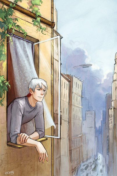 Anime picture 670x1000 with original eleth89 single tall image short hair green eyes signed looking away sky cloud (clouds) white hair light smile city cityscape boy plant (plants) window curtains