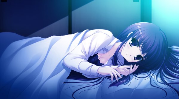 Anime picture 3060x1695 with nekoguri (game) long hair highres black hair wide image purple eyes game cg lying girl lingerie