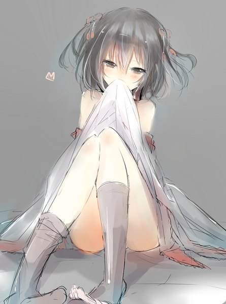 Anime picture 890x1200 with kantai collection sendai light cruiser nao (qqqbb) single tall image looking at viewer blush fringe short hair light erotic black hair simple background bare shoulders holding brown eyes grey background two side up no shoes mouth hold girl