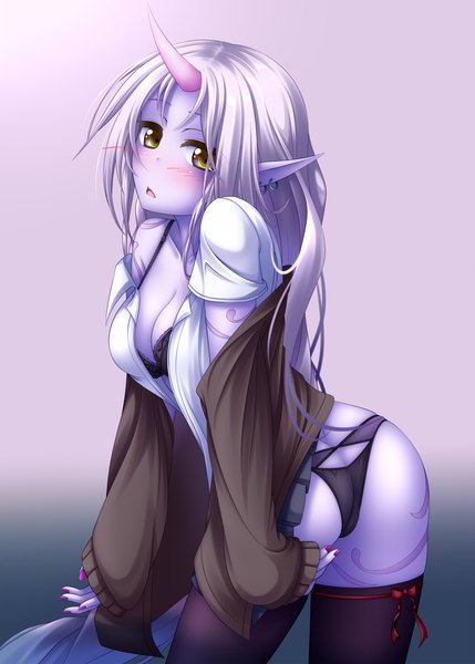 Anime picture 1072x1500 with league of legends soraka (league of legends) yoye (pastel white) single long hair tall image blush open mouth light erotic yellow eyes silver hair horn (horns) pointy ears girl thighhighs underwear panties black thighhighs shirt lingerie