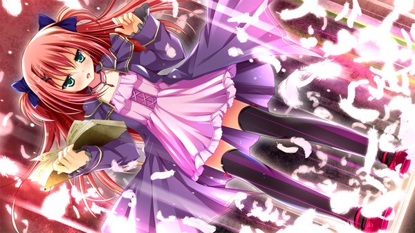 Anime picture 1280x720 with master re:master (game) long hair blush wide image green eyes game cg red hair loli girl thighhighs dress black thighhighs book (books)