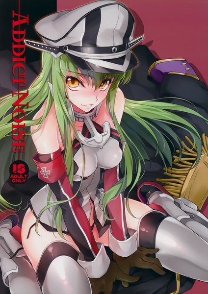 Anime picture 2120x3000 with kantai collection code geass sunrise (studio) c.c. bismarck battleship creayus single long hair tall image looking at viewer blush fringe highres light erotic hair between eyes sitting bare shoulders yellow eyes green hair from above