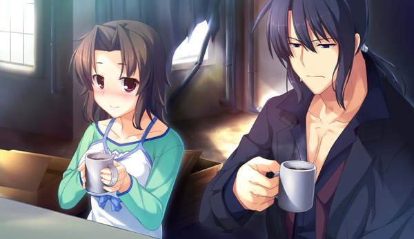 Anime picture 2660x1540 with sinclient hirano mirai reesaa blush highres short hair blue eyes black hair red eyes wide image game cg girl boy cup
