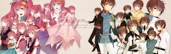 Anime picture 3402x1088 with mobile suit gundam gundam seed destiny gundam seed sunrise (studio) lacus clyne haro kira yamato torii (gundam) tagme (artist) long hair highres short hair open mouth blue eyes smile brown hair wide image purple eyes twintails bare shoulders