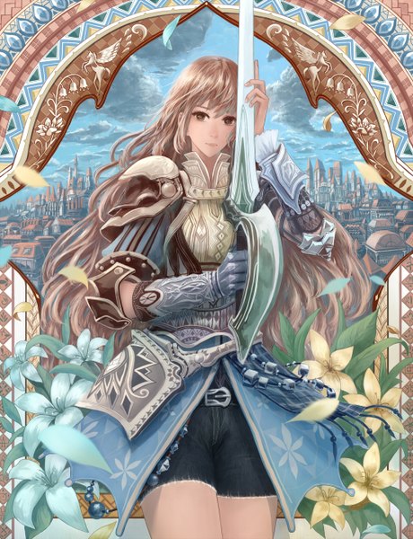 Anime picture 1012x1320 with original bounin single long hair tall image looking at viewer fringe blonde hair brown eyes cloud (clouds) city cityscape girl flower (flowers) weapon petals sword shorts armor single glove
