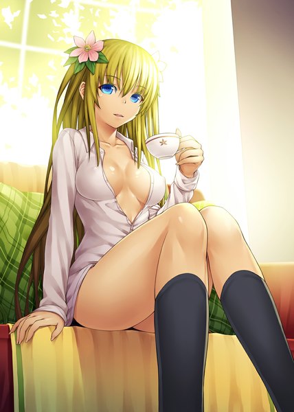 Anime picture 850x1192 with original aka (shoumae) single long hair tall image looking at viewer breasts blue eyes light erotic blonde hair sitting holding cleavage long sleeves hair flower sunlight open clothes open shirt legs shiny skin