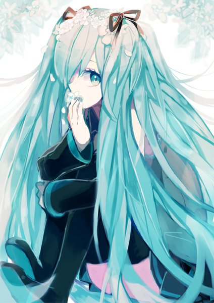 Anime picture 566x800 with vocaloid hatsune miku hou (ppo) single tall image looking at viewer fringe sitting twintails very long hair nail polish aqua eyes hair over one eye aqua hair covered mouth aqua nail polish girl flower (flowers) ribbon (ribbons) hair ribbon