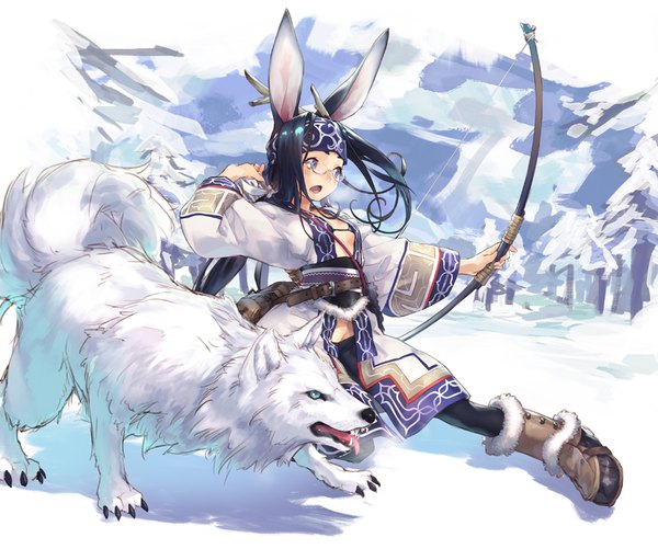 Anime picture 926x774 with original jiyu2 long hair breasts open mouth blue eyes light erotic black hair holding animal ears looking away outdoors long sleeves horn (horns) wide sleeves shadow bunny ears fur trim floating hair winter