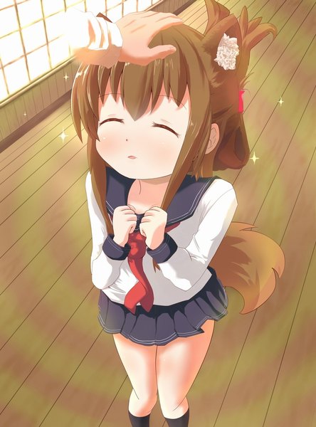 Anime picture 850x1148 with kantai collection inazuma destroyer admiral (kantai collection) maromi gou long hair tall image blush fringe open mouth brown hair animal ears tail eyes closed long sleeves parted lips animal tail pleated skirt from above happy dog ears