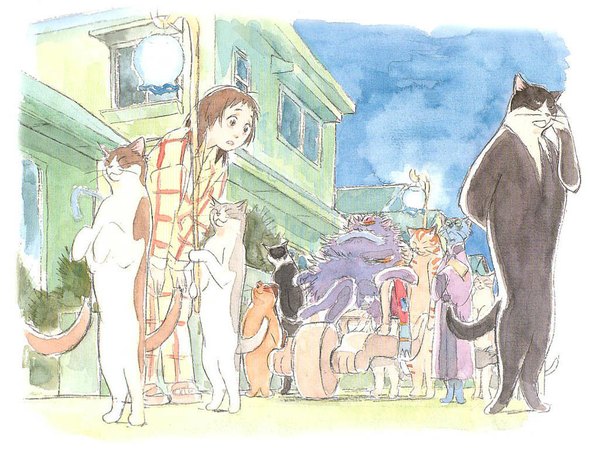 Anime picture 1024x768 with the cat returns studio ghibli yoshioka haru cat king natoru natori smile brown hair brown eyes eyes closed night girl animal cat lantern