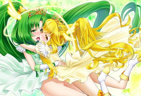 Anime picture 1165x800 with precure smile precure! toei animation kise yayoi midorikawa nao cure peace cure march yuu (derodero) long hair blush light erotic blonde hair multiple girls green eyes yellow eyes ponytail green hair shoujo ai kiss french kiss
