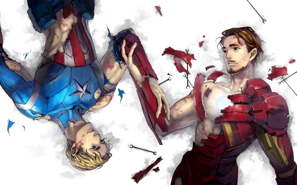 Anime picture 1280x800 with iron man marvel comics avengers iron man (character) captain america anthony edward stark steven rogers smile (pixiv id5129022) short hair blue eyes blonde hair brown hair wide image bare shoulders brown eyes lying multiple boys on back torn clothes holding hands