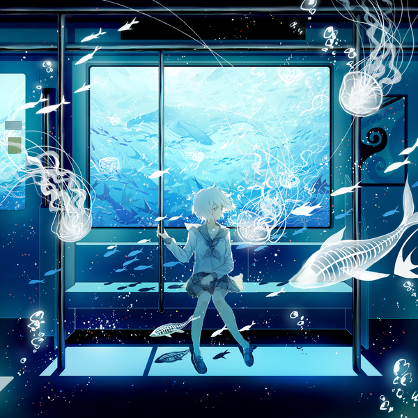 Anime picture 1000x1000 with original cui (jidanhaidaitang) single fringe short hair blue eyes sitting holding full body white hair long sleeves pleated skirt shadow floating hair underwater train interior girl skirt uniform animal