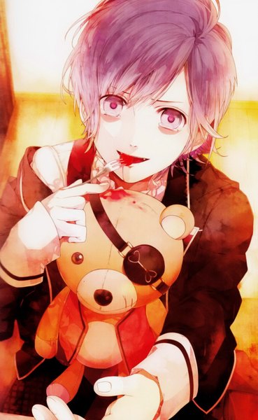 Anime picture 1048x1700 with diabolik lovers idea factory sakamaki kanato tall image looking at viewer short hair purple eyes purple hair vampire boy blood toy stuffed animal teddy bear