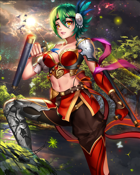 Anime picture 1000x1252 with tagme (copyright) lldarkart single tall image looking at viewer short hair breasts light erotic smile standing yellow eyes sky cleavage cloud (clouds) bent knee (knees) green hair lips mole bare belly midriff