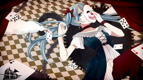 Anime picture 1000x562 with vocaloid karakuri pierrot (vocaloid) hatsune miku mizushiro aoi long hair looking at viewer blue eyes wide image twintails blue hair checkered floor girl dress mask card (cards)