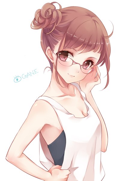 Anime picture 900x1200 with original 041 single tall image looking at viewer blush fringe simple background smile brown hair white background bare shoulders brown eyes cleavage hair bun (hair buns) sideboob text body blush hand on face adjusting glasses