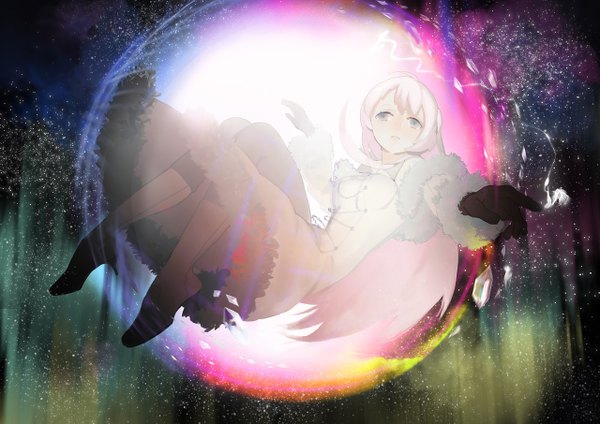 Anime picture 1280x905 with kaninnvven single long hair blue eyes pink hair sky night sky magic dark background flying falling aurora borealis girl gloves fur star (stars) bubble (bubbles) coat ball