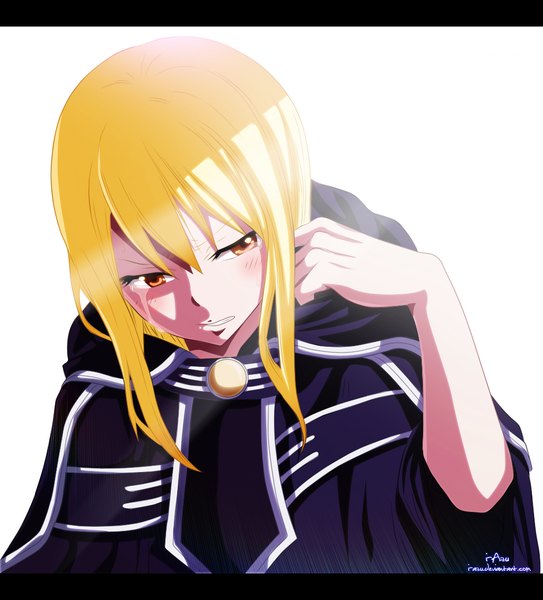 Anime picture 1024x1130 with fairy tail lucy heartfilia i-azu single long hair tall image blush blonde hair white background brown eyes tears coloring light letterboxed crying girl cloak