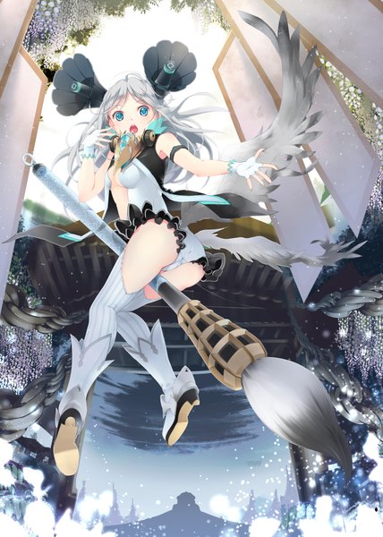 Anime picture 1250x1750 with original yoshino ryou single long hair tall image looking at viewer open mouth blue eyes light erotic silver hair ass girl thighhighs dress gloves white thighhighs wings shoes fingerless gloves paintbrush