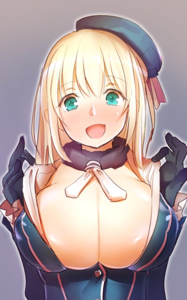 Anime picture 900x1440 with kantai collection atago heavy cruiser namago single long hair tall image looking at viewer blush breasts open mouth light erotic blonde hair green eyes cleavage huge breasts girl gloves choker black gloves beret