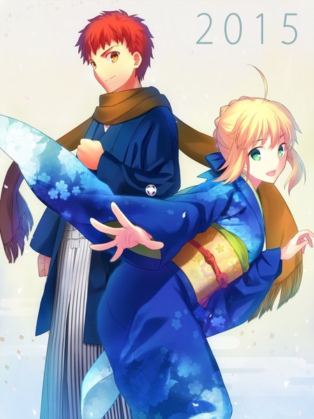 Anime picture 2592x3456 with fate (series) fate/stay night type-moon artoria pendragon (all) saber emiya shirou fuyuki (neigedhiver) tall image highres short hair open mouth blonde hair brown eyes green eyes red hair traditional clothes japanese clothes girl boy kimono