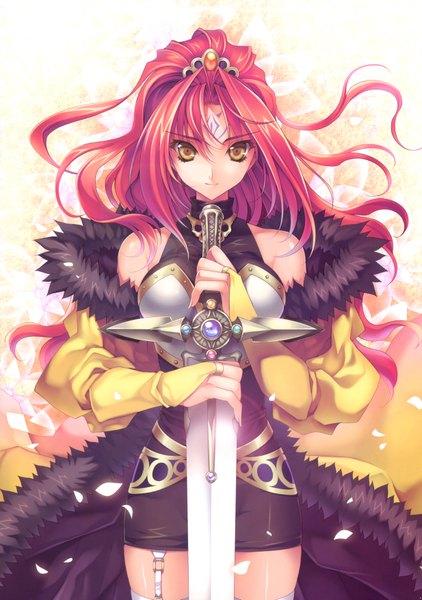 Anime picture 2467x3510 with riv single long hair tall image highres bare shoulders yellow eyes red hair tattoo girl hair ornament petals sword armor